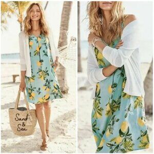 J Jill Love Linen Womens M Lemon Floral Printed Blue Dress Spring Summer Resort